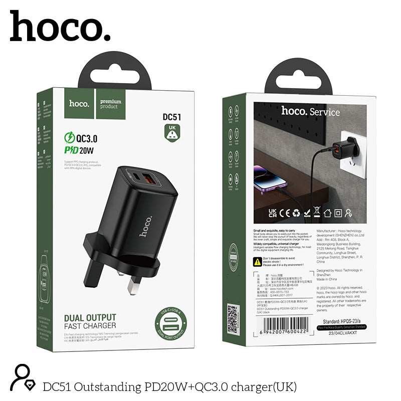 Hoco DC51 Fast Charging Plug (USB+Type C) 20W