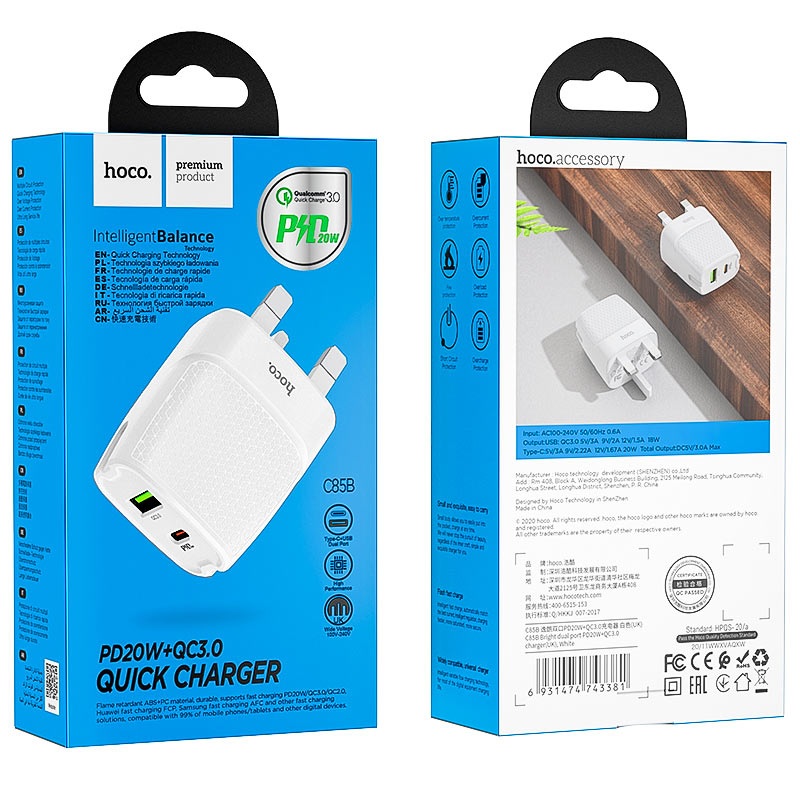 Hoco C85B Charging Plug (USB + Type-C) 20W