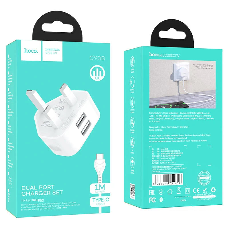 Hoco C90B Charging Set (USB to Type-C Cable) with Dual USB Port