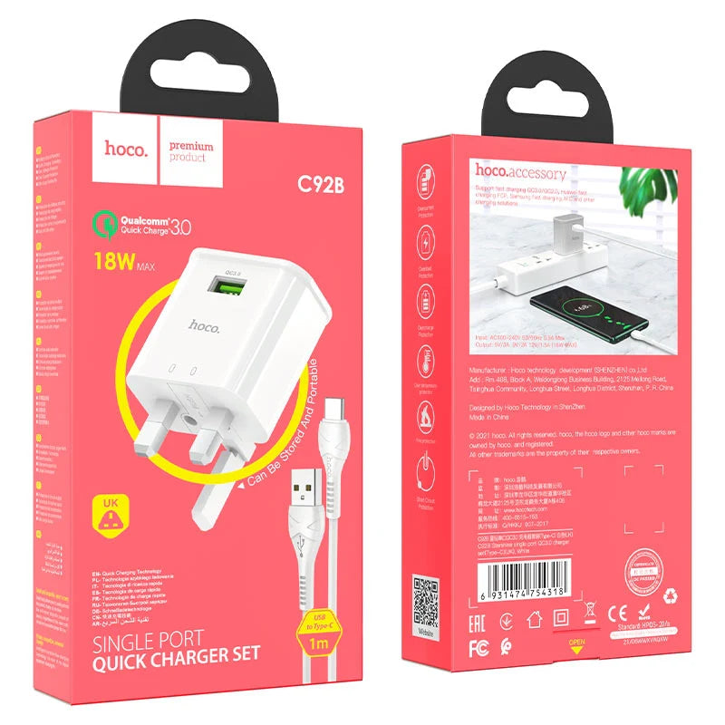 Hoco C92B Charging Set (USB to Type-C Cable)