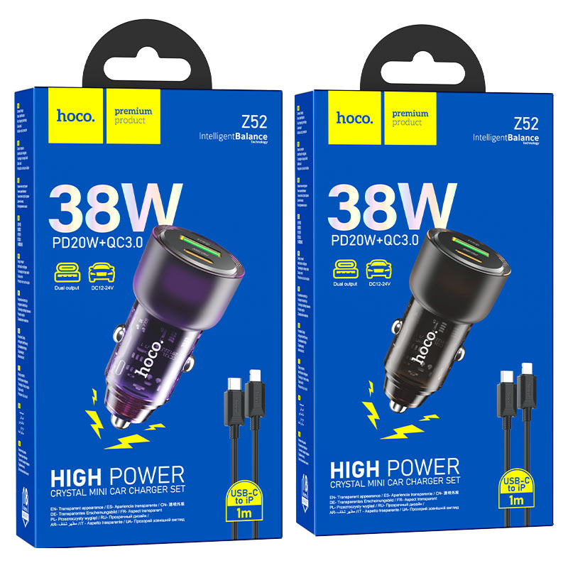 Hoco Z52 Spacious Car Charging Set (USB + Type-C/ Lightning Cable) 38W