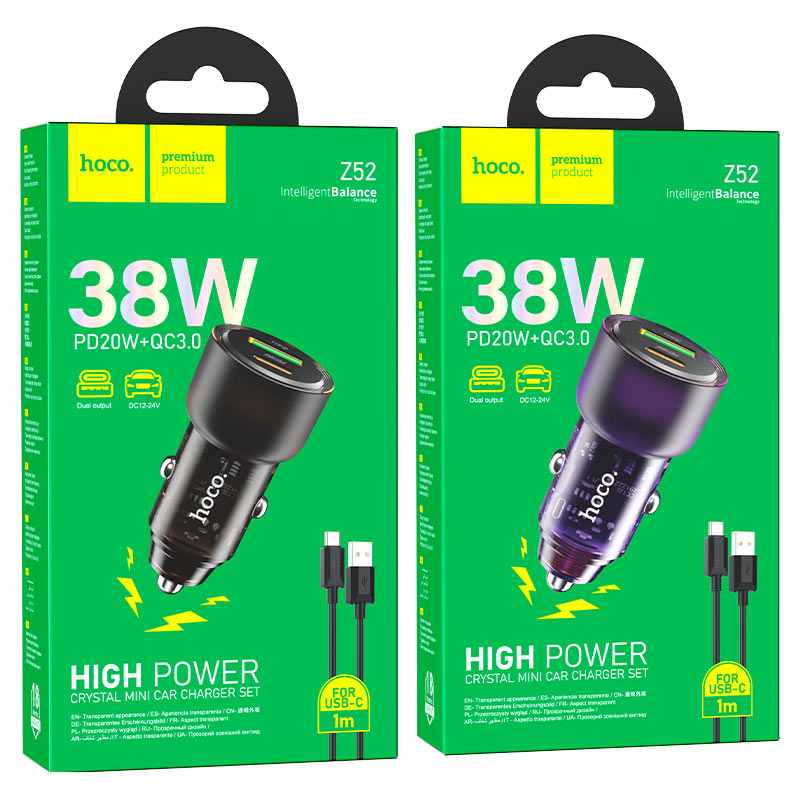 Hoco Z52 Car Charging set (USB/Type C) 38w Type C cable